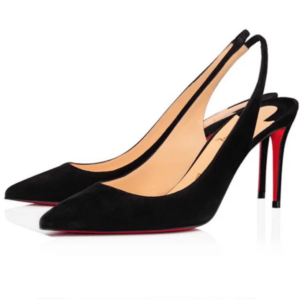 Black Suede Pointed-Toe Slingback Pumps with Red Sole
